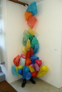 Stephanie Hanna, signers fountain, Berlin, 2013, gumboots, plastic bags, .60 x .80 x 2.4m Recycling