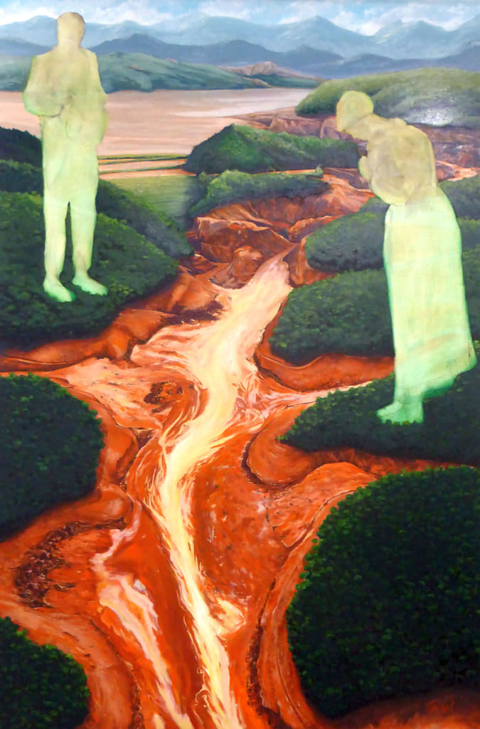 Clement Loisel: Rio Morto, 2016, Berlin, Germany, oil and pencil on canvas, 160 x 240 cm. In 2015, the Brazilian district of Bento Rodrigues is covered with the toxic mud after a dam of a mining company broke. This painting shows the consequences of the disaster as an open wound in the ground, combined with ghostly figures from Millet's famous painting 