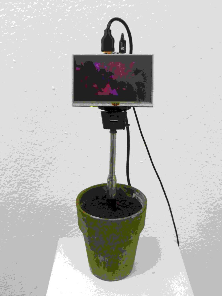 Oliver Orthuber: Blumenmaschine, 2018. Berlin, Germany, 45 x 15 x 15 cm, mixed media (earth, ceramic (flower pot), plastic, metal, display). Based on the painting Zwitschermaschine by Paul Klee about the chapter 